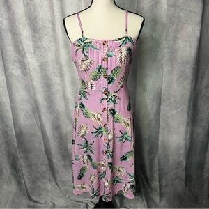 Berydress Pink & White Stripe Pineapple Print Spaghetti Strap Button Down Dress